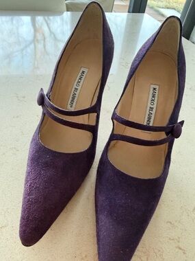 Manolo Blahnik Deep Purple Suede Double-Strap Pointed Mary Jane Pumps
